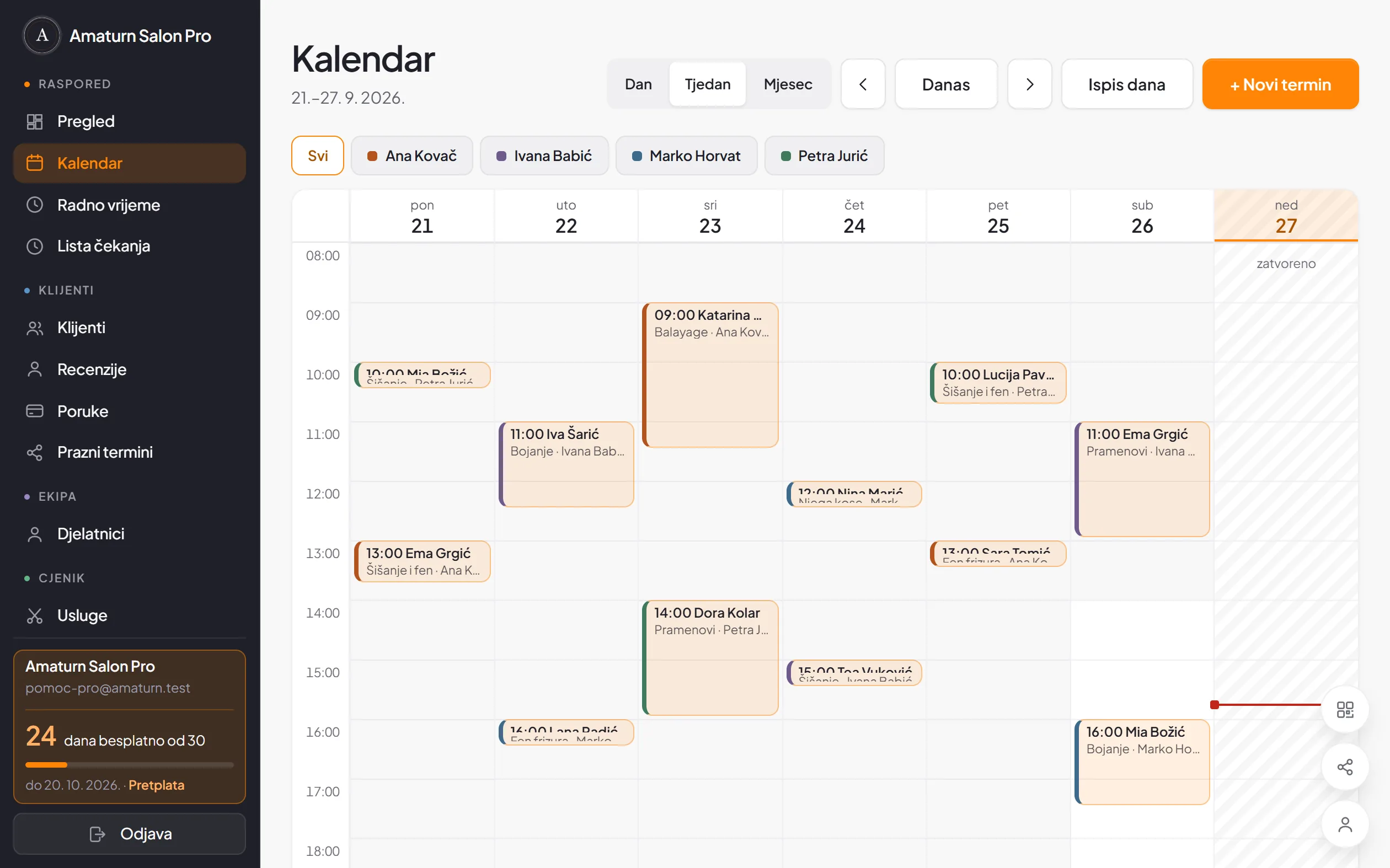 Tjedni kalendar salona s terminima po djelatniku i izborom poslovnice
