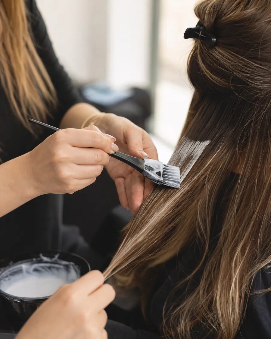 Koloristica ručno nanosi balayage pramenove